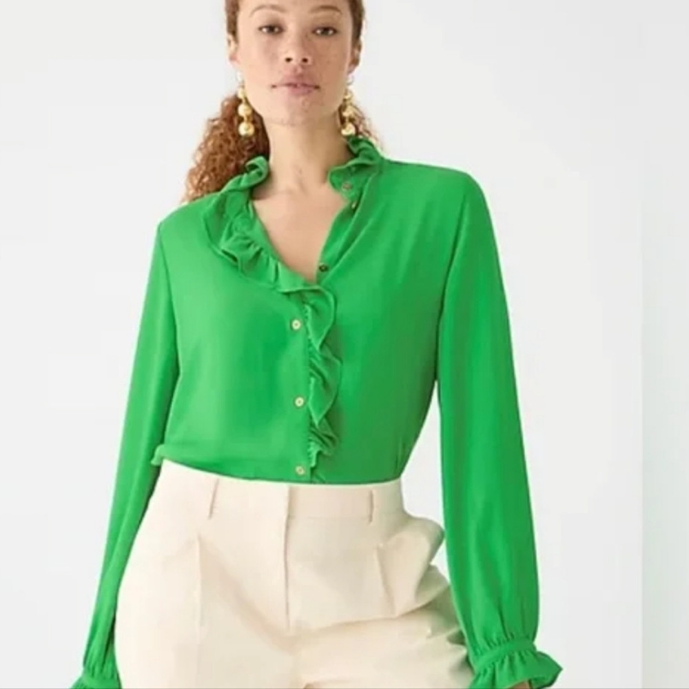 NEW J. Crew Drapey Ruffled Green Top 2